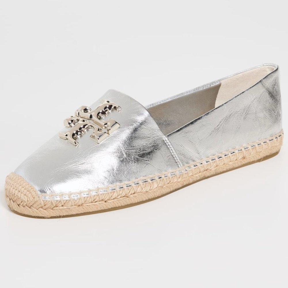 NIB Tory Burch Eleanor Espadrille Leather Flat Metallic Silver 7 7.5 8 8.5 9 9.5